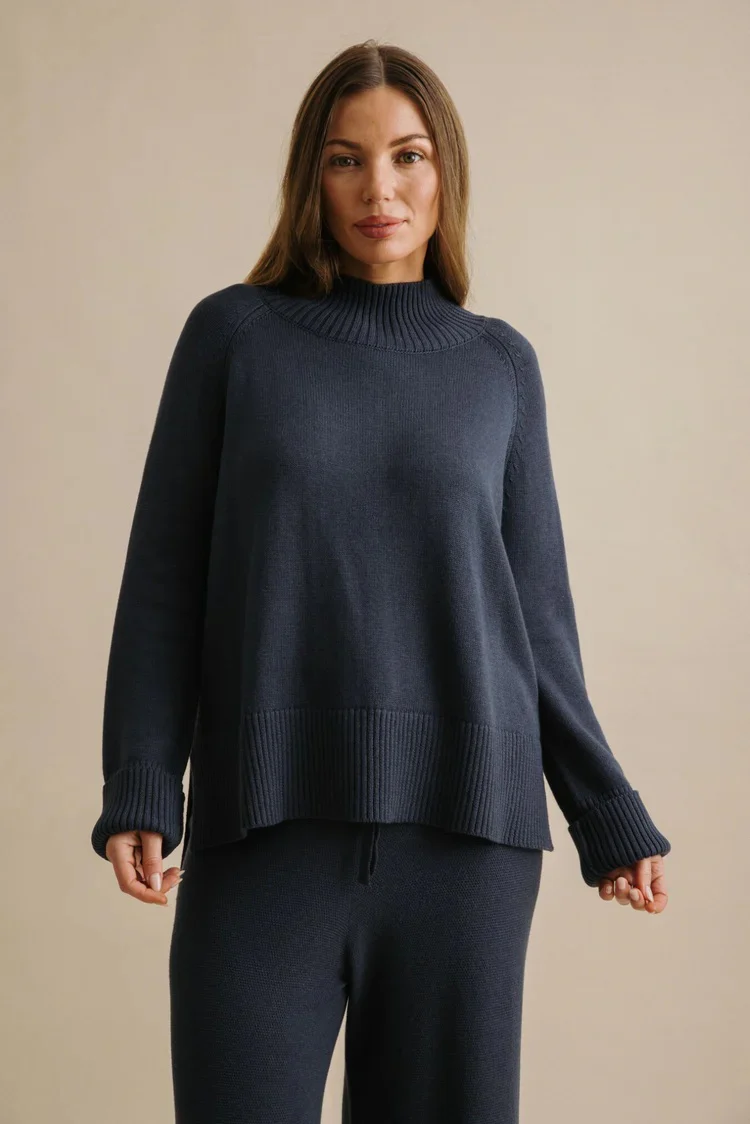 Talamaya - Harmony Merino Cotton Mock Neck Pullover Lake - Image 3